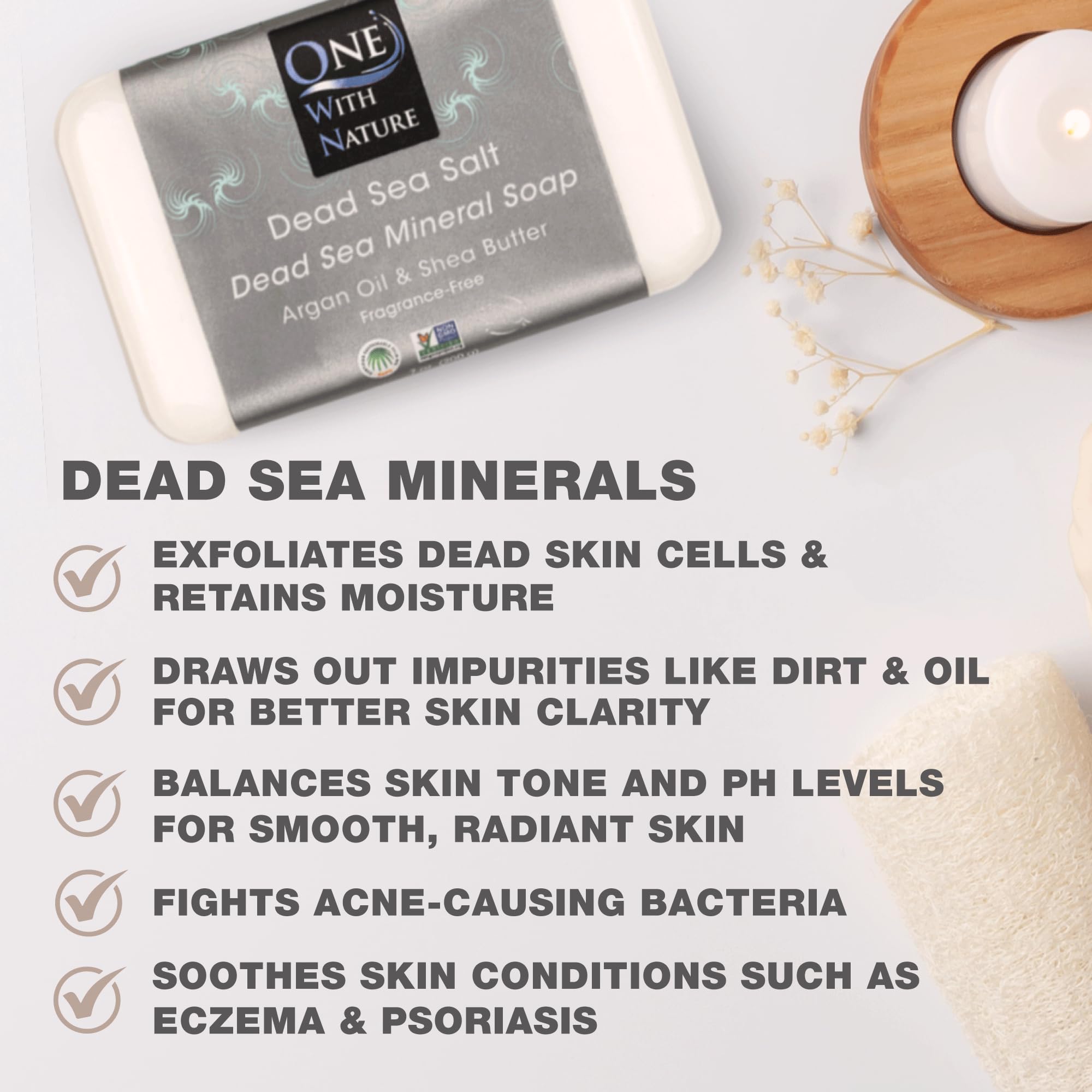 One With Nature Dead Sea Mineral Salt Soap 4oz 3Pk with Argan Oil & Shea Butter - Dead Sea Salt Contains Magnesium, Sulfur & 21 Essential Minerals - All Skin Types, Acne, Eczema - Fragrance Free